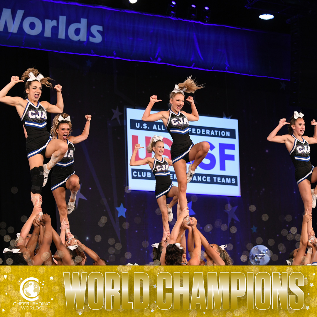 FloCheer's tweet photo. Congratulations to the #CheerWorlds2023 L6 International Global 𝗪𝗼𝗿𝗹𝗱 𝗖𝗵𝗮𝗺𝗽𝗶𝗼𝗻𝘀, @CJA_Bombshells 🏆 https://t.co/SXxitfZxS2