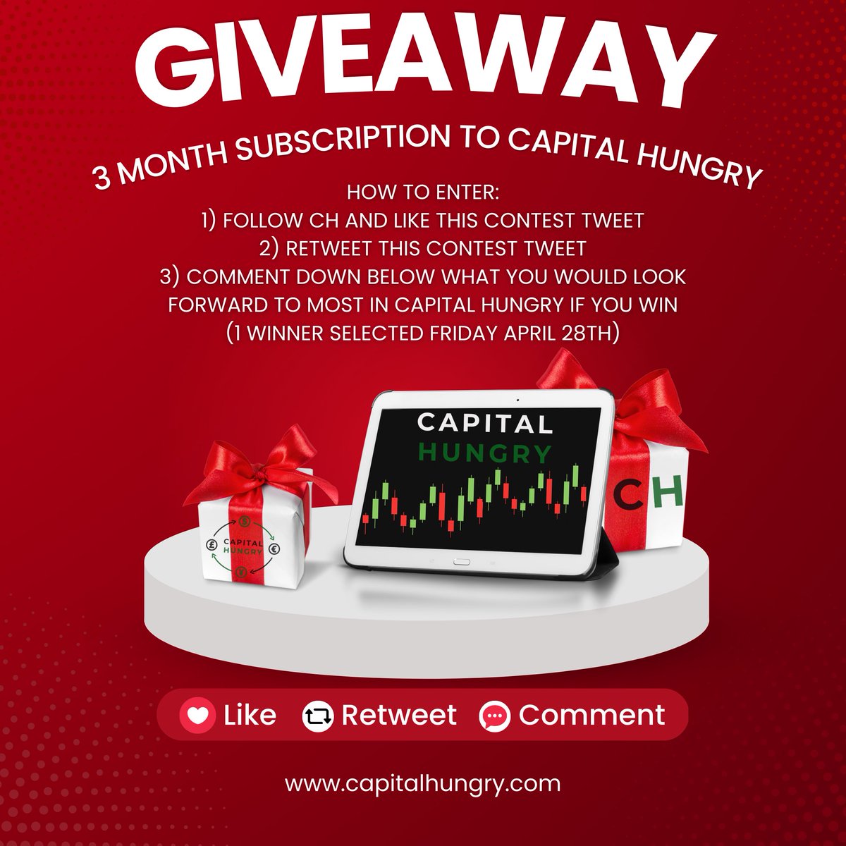 💰💸3 MONTH CH SUBSCRIPTION CONTEST GIVEAWAY! ($300+ USD in value)💹🌐

HOW TO ENTER:
1) FOLLOW CAPITAL HUNGRY AND LIKE THIS CONTEST TWEET

2) RETWEET THIS CONTEST TWEET

3) COMMENT DOWN BELOW WHAT YOU WOULD LOOK FORWARD TO MOST IN CAPITAL HUNGRY IF YOU WIN