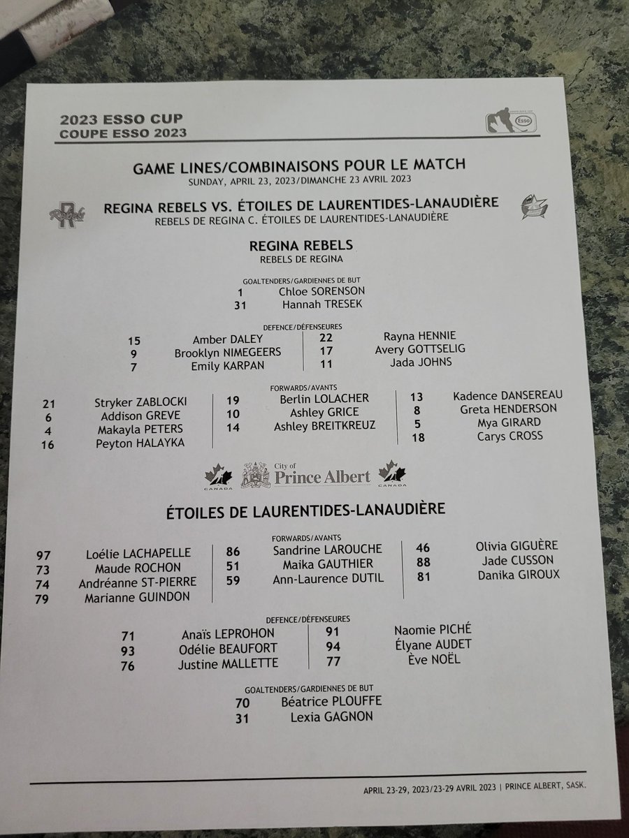 Nathan Reiter (@nathanreiter14) on Twitter photo Moments away from puck drop at the 2023 Esso Cup. Here are the line combinations for both the <a href="/ReginaRebels/">Regina Rebels</a> and team Quebec Étoiles de Laurentides-Lanadière.
<a href="/PADailyHerald/">Prince Albert Herald</a> Moments away from puck drop at the 2023 Esso Cup. Here are the line combinations for both the <a href="/ReginaRebels/">Regina Rebels</a> and team Quebec Étoiles de Laurentides-Lanadière.
<a href="/PADailyHerald/">Prince Albert Herald</a>