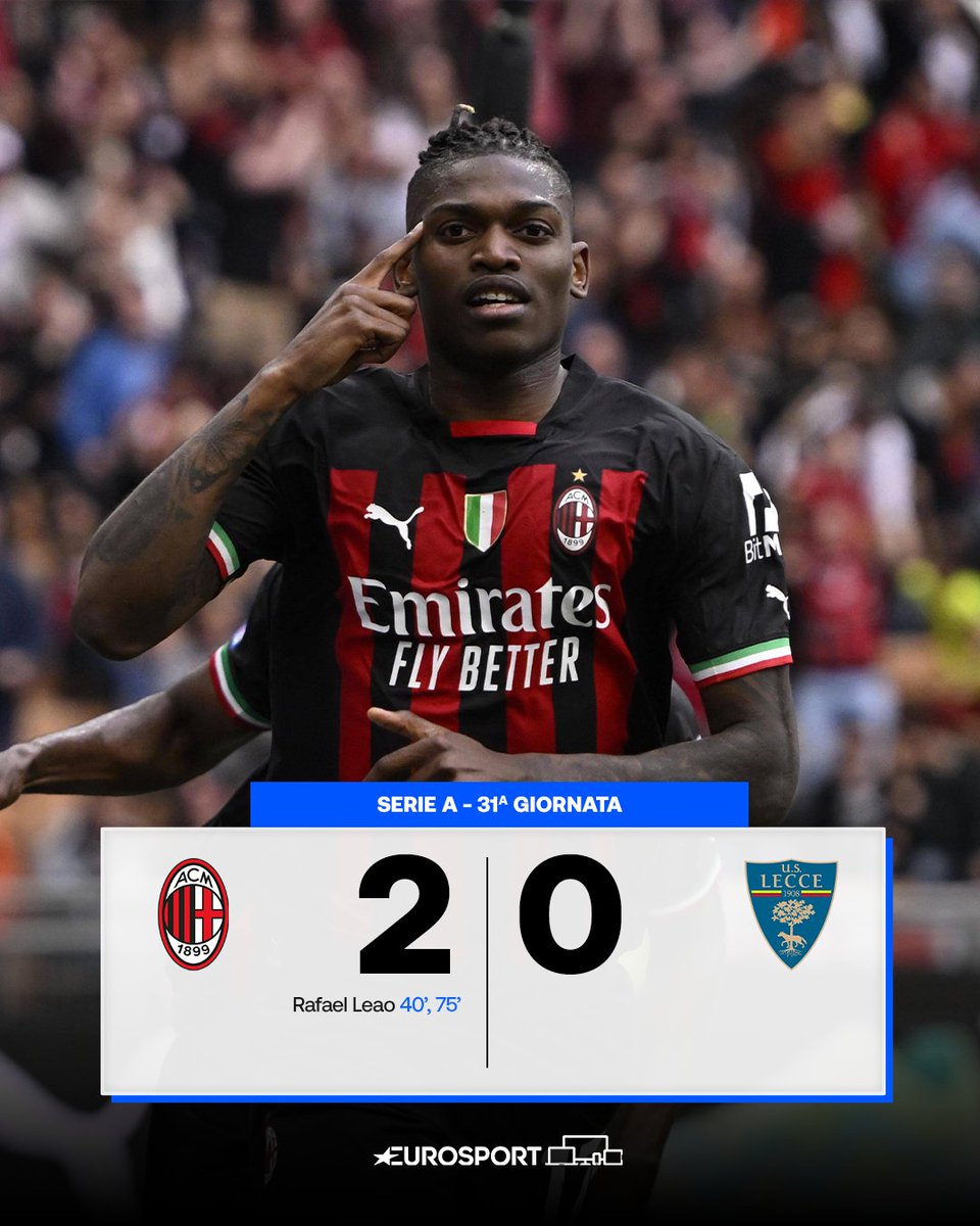 Eurosport_IT's tweet photo. LEAO STENDE IL LECCE A SAN SIRO 💪🔴⚫

La squadra di Pioli conquista i 3 punti grazie alla doppietta di Rafael 

#Calcio | #SerieA | #Milan | #Lecce | #Leao https://t.co/8oOYKYg5Y7