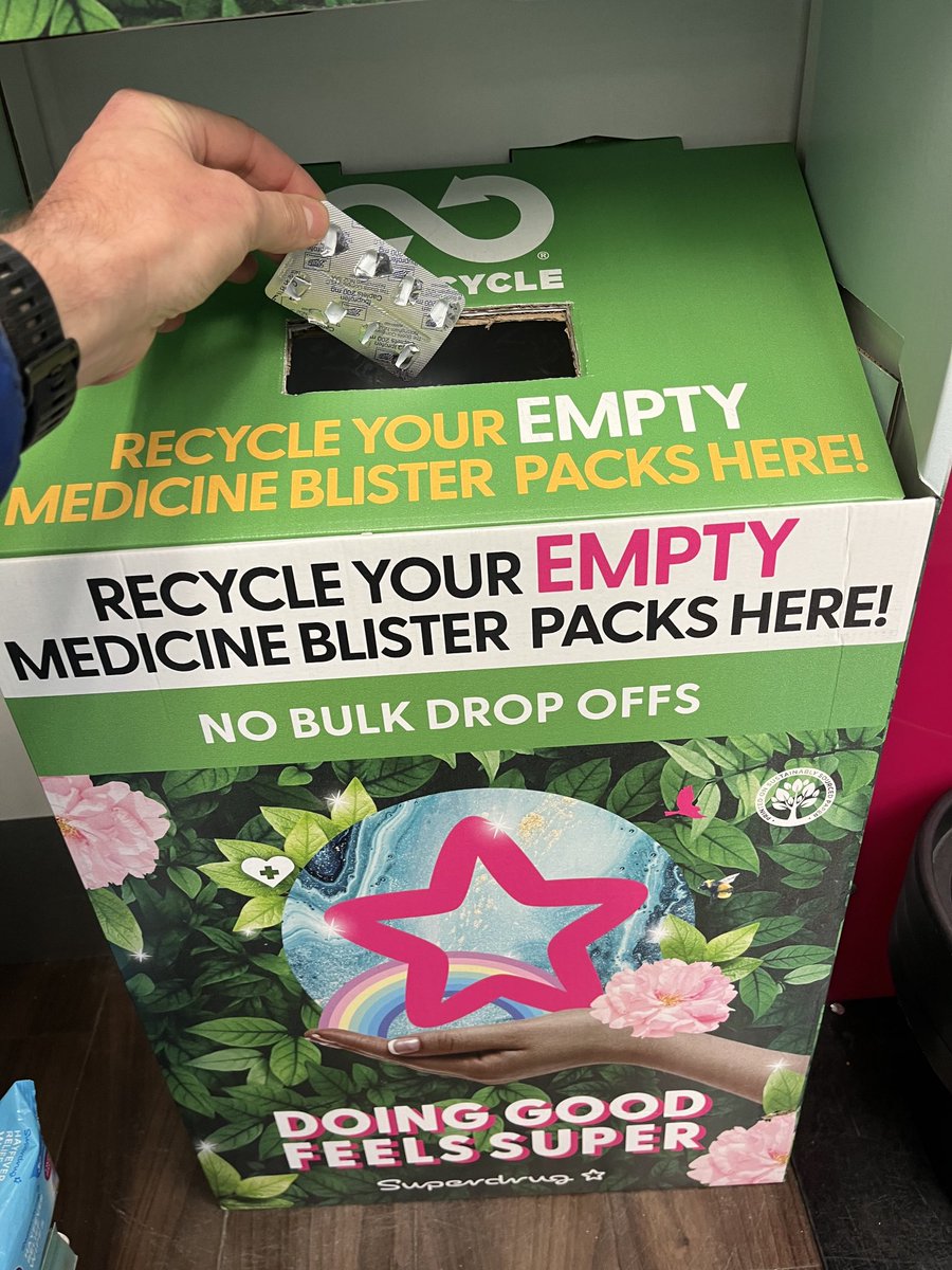 Look, I know it’s a little thing in the grand scheme, but — ⁦every @superdrug⁩ pharmacy now offers recycling points for medicine blister packs, which otherwise end up in landfill in their millions. Bag them up, take them in every month or two. Easy. Pls RT/spread the word.