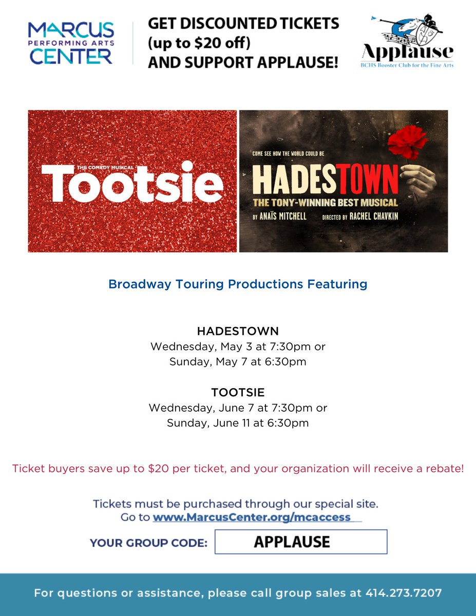 Don't miss out on these two great Broadway hits! "Hadestown" is coming to Milwaukee to the <a href="/MarcusCenter/">Marcus Performing Arts Center</a> in May, and "Tootsie" in June. Buy tickets to this great show through our listed link, and proceeds from each ticket sold will be donated to Applause!
marcuscenter.org/mcaccess