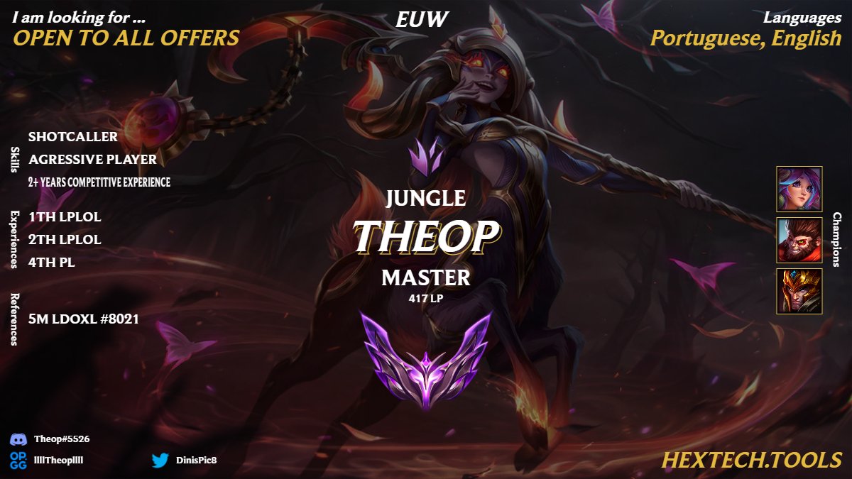 After a sucessfull Split with
<a href="/5M_Esports/">5M ESPORTS</a>

I am LFT!
 -
Competitive experience: 1ºdivision lplol, 2ºdivision lplol, pl 4ºdivision
- 
References: <a href="/5M_Esports/">5M ESPORTS</a>
op.gg/summoners/euw/……
<a href="/LFT_LoL_EU/">LFT_LoL_EU</a>
<a href="/LFT_LOL_ES/">LFT_LOL_ES</a>
<a href="/LFT_PL/">LFT POLAND</a>
<a href="/LFT_Original/">Looking For a Team ⚡</a>
<a href="/LoL_LFT_Fr/">LoL LFT Fr</a>
<a href="/LoL_LFT_ITA/">LoL LFT 🇮🇹</a>
<a href="/lft_prime/">Prime League LFT</a>