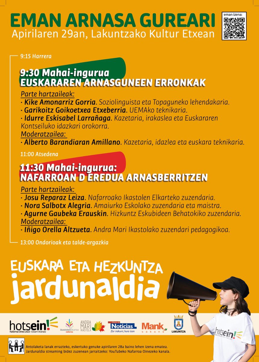 Heldu den larunbatean Lakuntzan EMAN ARNASA GUREARI jardunaldi elegantea: hizkuntza eta hezkuntza. Galduko duzu? Eman izena: labur.eus/PGqje #Hotsein youtu.be/nnPqnI7kunA