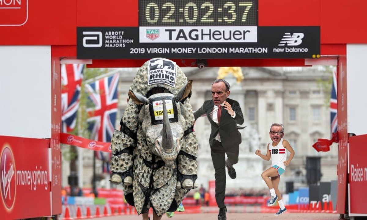 Dancing_Gove's tweet photo. London Marathon is unexpectedly won by a civil servant in a Save the Rhino outfit following a 2 hour 'motivational chat' by Dominic Raab.

#Marathon #londonmarathon2023 #LondonMarathon    #RaabIsABully #Raab #DominicRaab https://t.co/FsqXTW3qFX