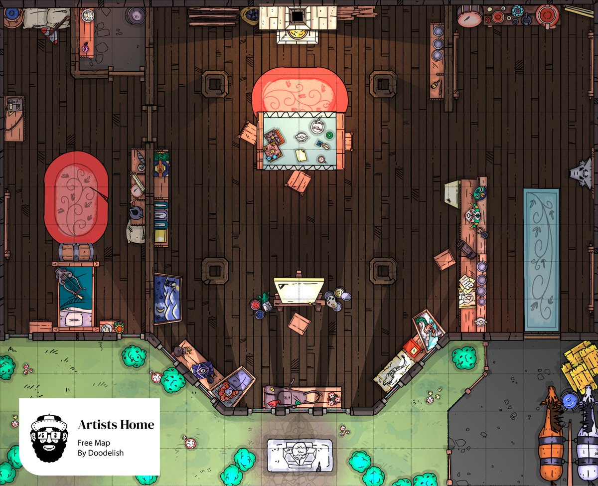 Doodelish's tweet photo. Every artist has a place they call home. This map comes in two variations, one with striking light effects and the other without, both of which are available for free. Get it from my Patreon or Ko-fi!
Link: https://t.co/oa6MLq6HMW
#Dnd #Ttrpg #critters #RPGTokens https://t.co/Wbx2ak4hJm
