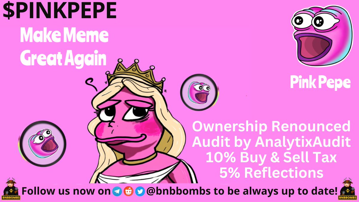 allchainbombs's tweet photo. #PINKPEPE is $PEPE's wife, a new #meme project just launched 3 days ago on #BSC. Ownership renounced, 10% buy &amp; sell tax, 5% #reflections, could this be the next 100xgem, let's find out! Right now 60K MC, DYOR! @PinkPepeBSC #PEPE #MEMEGEM #BNB #BNBBOMBS #MOONSHOT #HODL #PEPECOIN https://t.co/rM43H8j8ng