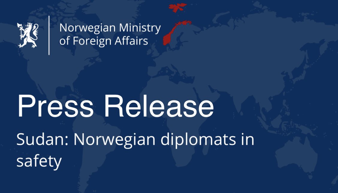The 3 diplomats  that served at the Norwegian Embassy in Sudan’s capital, Khartoum, have been evacuated.
The Embassy has been closed, but the MFA is fully focused on providing assistance to Norwegian citizens &amp; individuals holding a residence permit.

➡️ regjeringen.no/en/aktuelt/nor…