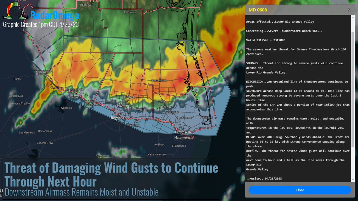 RadarOmega's tweet photo. Mesoscale Discussion: A line of severe thunderstorms capable of damaging wind gusts continues to push through the Lower Rio Grande Valley. The #SPC says that the downstream airmass remains favorable for the damaging wind threat to continue over the next hour or so. #TXwx https://t.co/iIS5b4SaJf