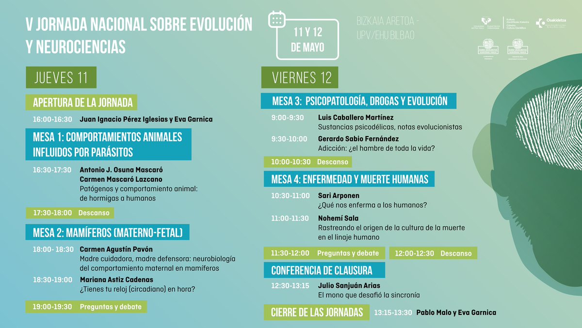 Los próximos 11 y 12 de mayo tendrán lugar las V Jornadas Nacionales sobre Evolución y Neurociencias, podéis apuntaros (gratis) escribiendo a: kzk.komunikazioa@ehu.eus <a href="/Uhandrea/">Juan I. Pérez Iglesias</a> <a href="/pitiklinov/">Pablo Malo</a> <a href="/CHynde2/">Eva</a>