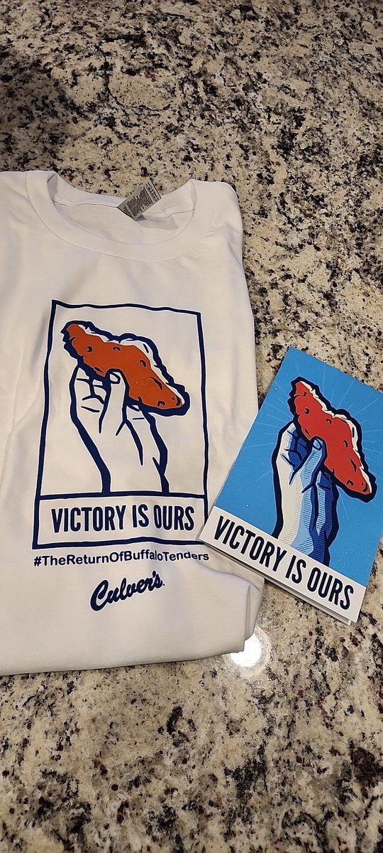Tweetquist's tweet photo. shout out to @culvers for this spicy t-shirt. much appreciated, can't wait get this covered in ranch while smashing some buffalo tenders. #victoryisours #thereturnofbuffalotenders @BuffTenderNews https://t.co/QMGtLH29TR