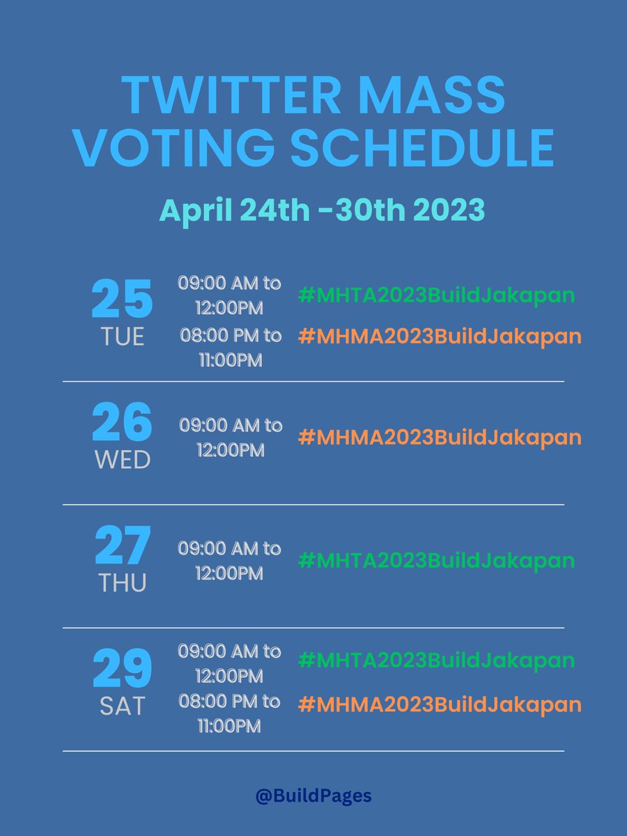 BiusBeyourluve's tweet photo. Twitter Mass Voting Schedule for last week of April!
Follow @BuildPages to be aware of all votes and for more daily updates & informations about votes, websites and many more!
BE TRUE BLUE TO YOU
#BuildOurFaithInYou @JakeB4rever
#BuildJakapan #Beyourluve https://t.co/qjNAKYnS48