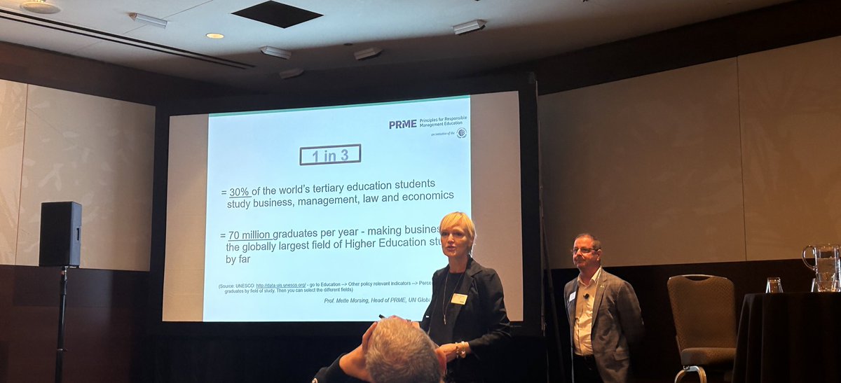 AACSB's tweet photo. 1 in 3 of the world’s students study business, management, law, or economics. It matters what we bring into the classroom and how we bring it into the classroom to engage our students on how to positively change the world. - @Mette_Morsing, @PRMESecretariat #ICAM23 https://t.co/z0UmIXJEke