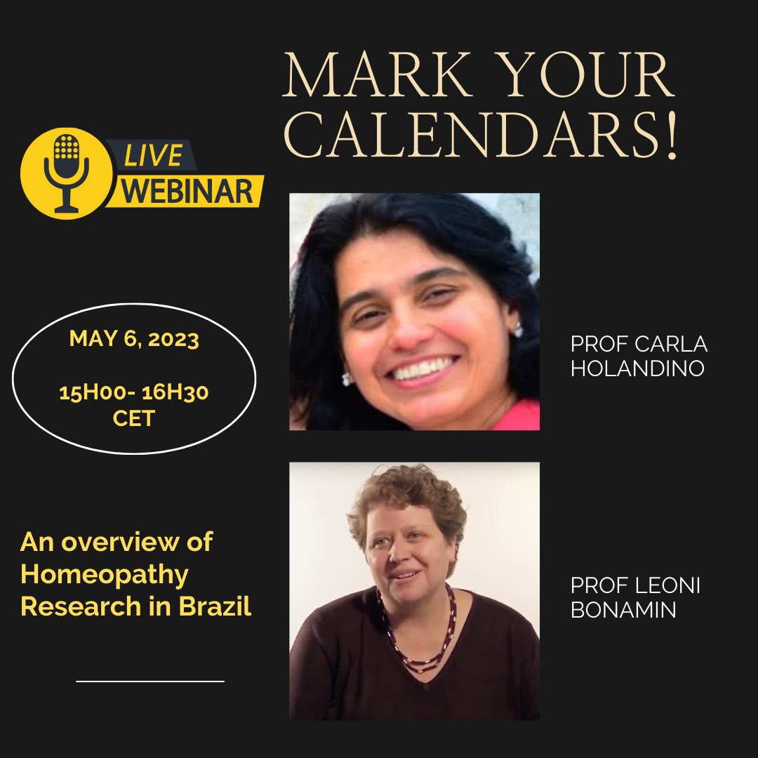 LMHI1925's tweet photo. Webinar Alert! 

Date: 06 May 2023
Time: 15h00-16h30 CET
Presenters: Prof. Leoni Bonamin and Prof. Carla Holandino

Title: An overview of homeopathy research in Brazil

Mark your calendars, and save the date ✌️

#lmhi #lmhiwebinar #homeopathy #homeopathyinbrazil #brazil #science https://t.co/pfXIvYFjbZ