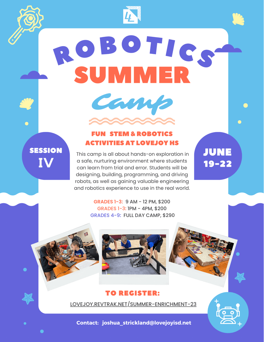 lovejoyrobotics's tweet photo. Hit that share button and spread the word! The Lovejoy Robotics Summer Camp is open for registration! Register this weekend before spots fill up and reach out if you have any questions. We’re so excited! https://t.co/kRQ7IQvkKF #LovejoyRobotics #OneHeartOneLovejoy https://t.co/Ey8tLfysqO