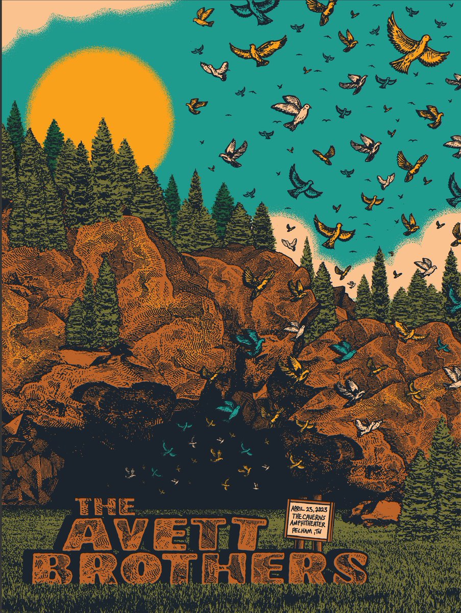 theavettbros's tweet photo. Poster for tonight’s SOLD OUT show at @thecaverns is by Justin Helton @statusserigraph. 
Doors: 4pm
Show: 6pm https://t.co/60GPAqdM8F