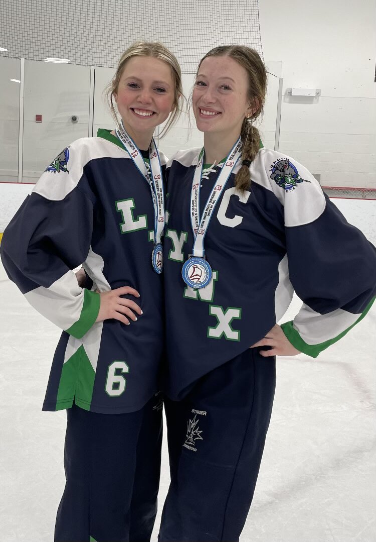 MitchAdvocate's tweet photo. Silver medals for Mitchell residents Molly Snyders (left) and Ashtyn Wedow who play for the U19A London Lynx at the 2023 Eastern Canadian ringette championships in New Brunswick. The ladies were 5-0 before losing 3-1 to a team from Quebec today https://t.co/s3IyZjJEmO
