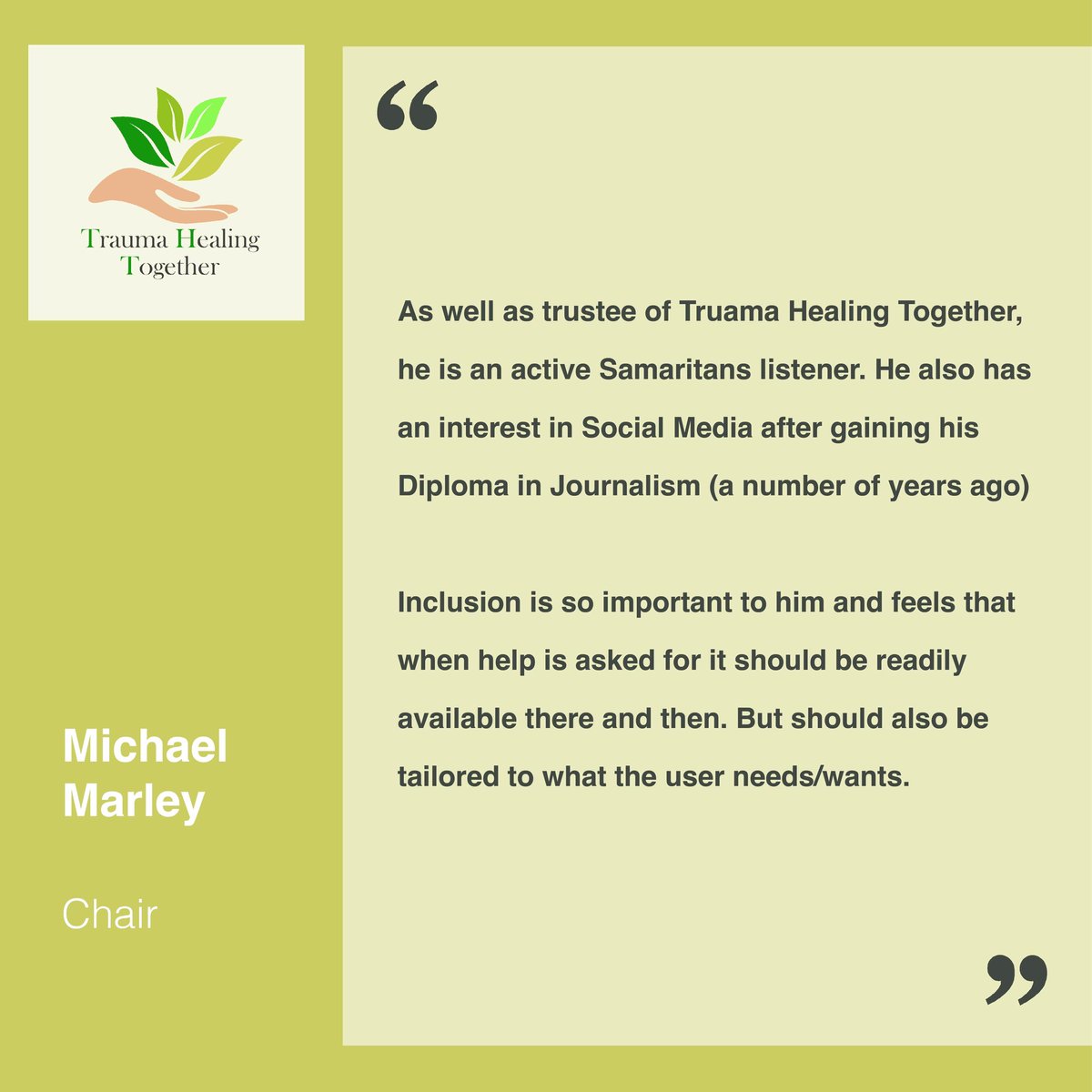 🙌 Meet the team! 🙌

Today, we are excited to introduce one of our trustees to you! Let’s meet Michael Marley, the chair of Trauma Healing Together! 

#trauma #traumahealing #mentalhealth #charity
