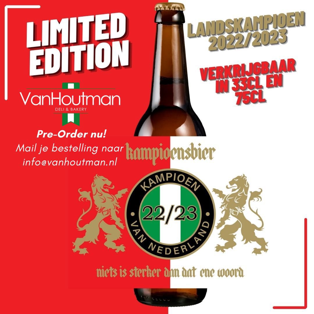 Na het enorme succes van hun Finale Biertje vorig jaar, hebben ze nu wederom een mooie collectorsitem gemaakt: het Kampioensbiertje! Verkrijgbaar in 33cl en 75cl! 

Bestellen kan via de winkel van mijn zoon! #Trots

m.facebook.com/story.php?stor…