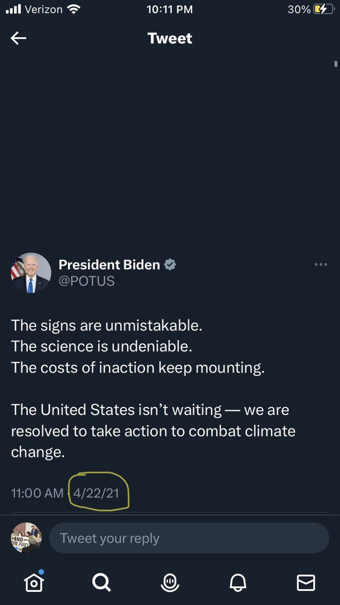 ClimateDefiance's tweet photo. @POTUS Bruh, you literally just copy-pasted your post from two years ago. 

Were you so busy building pipelines in Alaska you didn't have time to write a new post? https://t.co/dSdFArmTnj