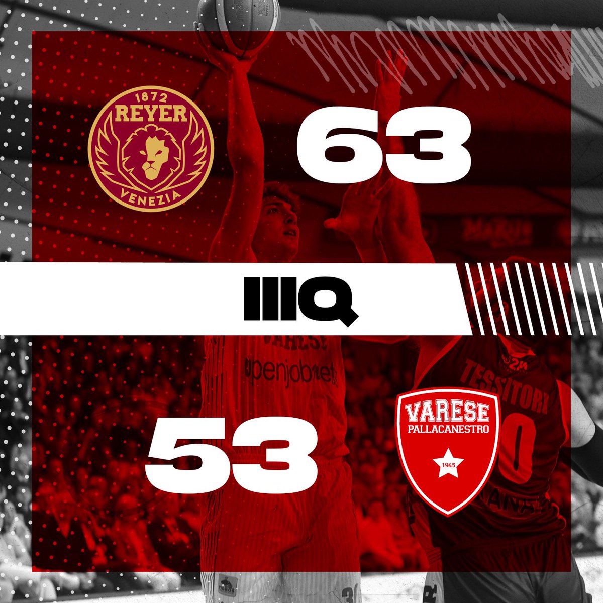 PallVarese's tweet photo. Allungo di Venezia che si porta sulla doppia cifra di vantaggio. Mancano ancora 10’. Avanti Varese ‼️
#VenVar #NoiSiamoVarese https://t.co/wztGZtOBFt