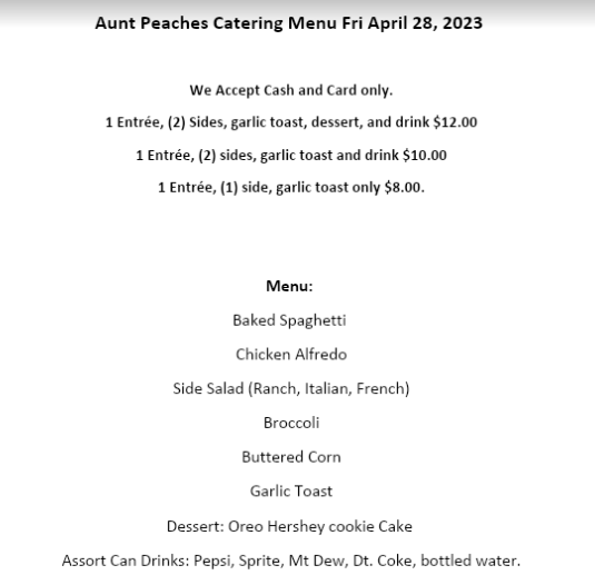 SMSKYPTSA's tweet photo. #FoodTruckFriday is coming!  Aunt Peaches food truck will be at @southern_middle on 4/28.  Check out the menu.  Oreo Hershey Cookie Cake!!! https://t.co/r9PzkNLtK5