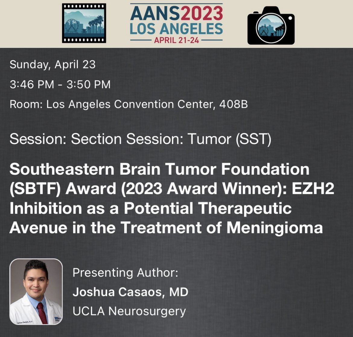 Congratulations to @UCLANsgy resident Dr. Josh Casaos on his outstanding #AANS2023 talk & 2023 @sbtfoundation award winning work on EZH2 inhibition in the treatment of meningioma.