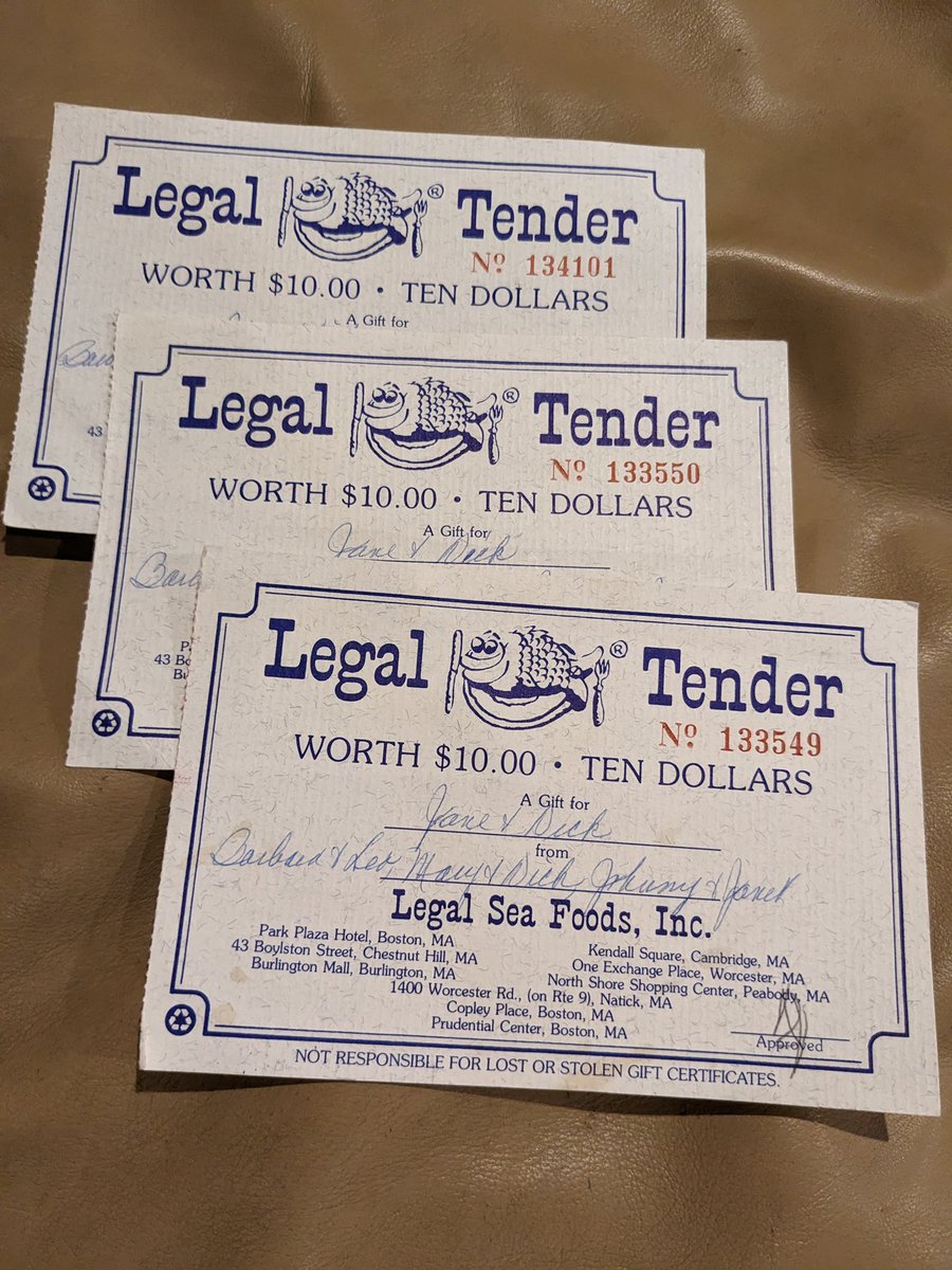tmcallaghan's tweet photo. Thank you @legalseafoods for honoring gift certificates, even when they are 30 years old. https://t.co/Pke78NmWQc