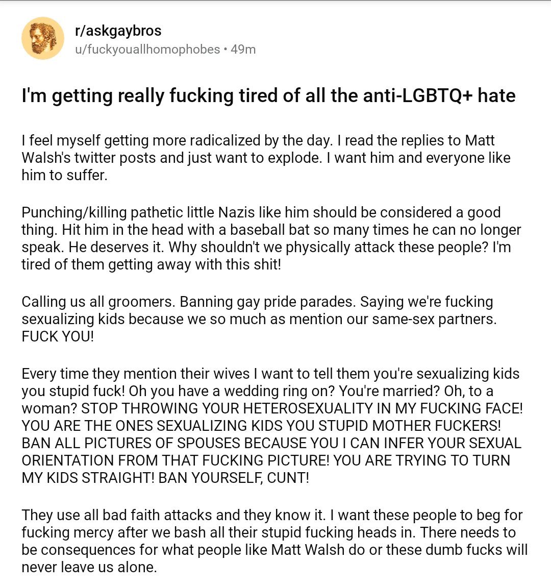 Redditor on r/AskGayBros calls <a href="/MattWalshBlog/">Matt Walsh</a> a Nazi and wants to kill him.