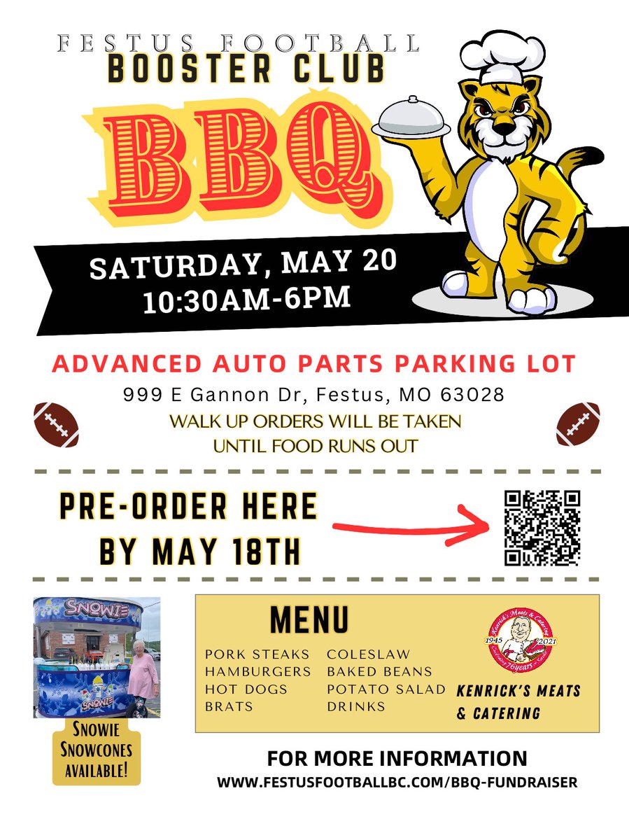 Festus_Boosters's tweet photo. Mark your calendar! See you May 20th for the Festus Football BBQ fundraiser. https://t.co/7SO8SeNrgb