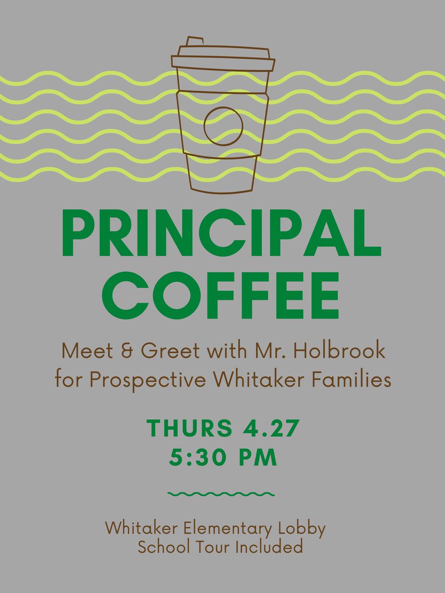 Prospective kindergarten parents, come for a Meet &amp; Greet with Mr. Holbrook on Thursday 4/27 at 5:30 —learn what makes Whitaker Elementary such an amazing school! Can’t wait to see you there! #werwhitaker🦅
