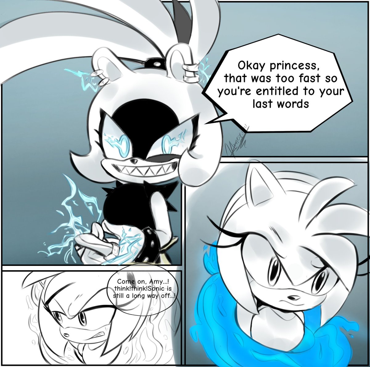 It's been a while since I've drawn on my cell phone so... I need to get back into practice, this is pretty bad in my eyes but... I'll post it anyway!  there will be more
#SurgeAmy #AmyRose #SurgeTheTenrec #Surge #Comic #fanart #Kitthefennec #KitsunamiTheFennec
