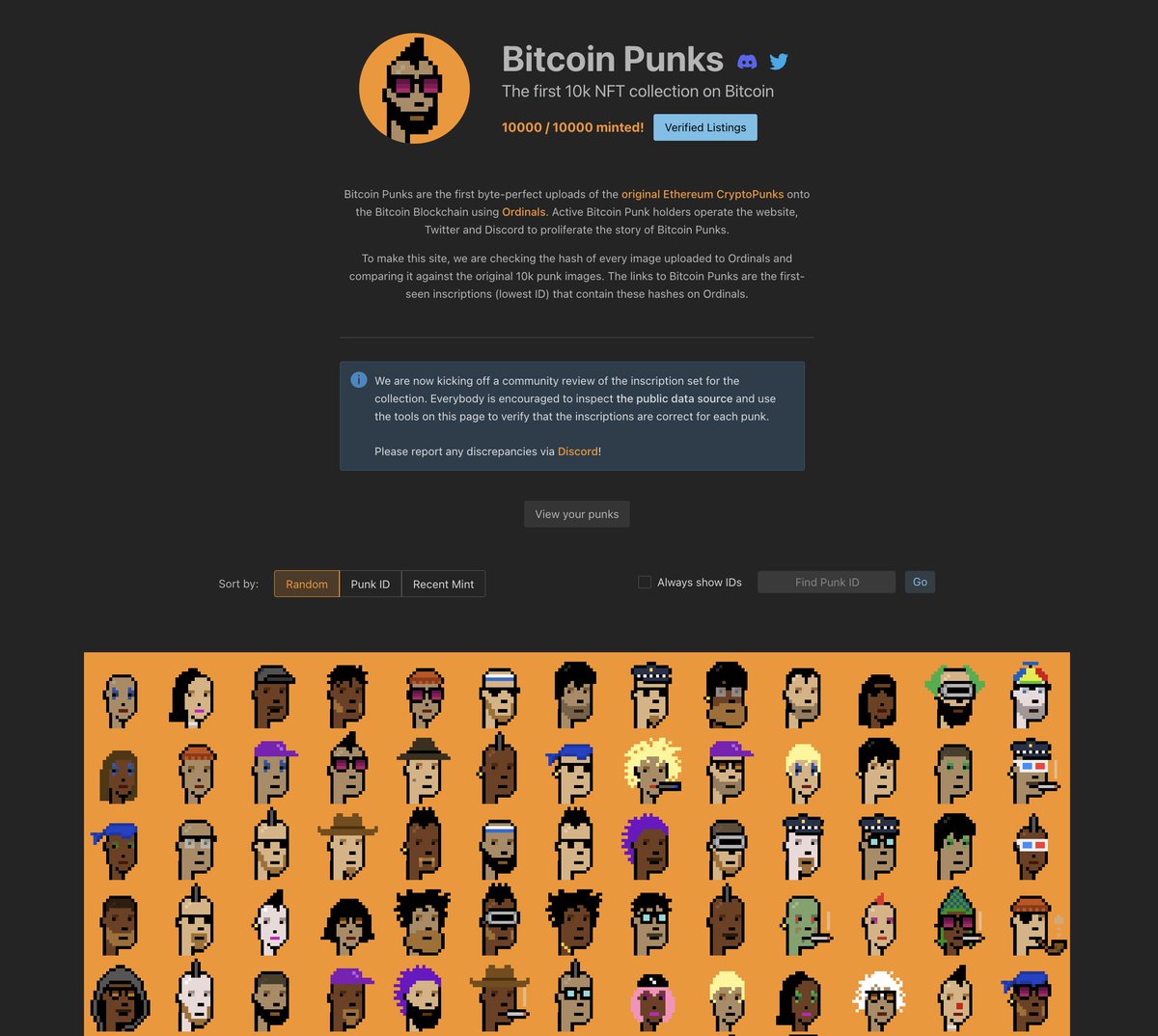 Bitcoin Punks:

1. First protocol on Ordinals (inspired BRC-20).
2. Open and free mint.
3. First individually inscribed 10k PFP collection on Bitcoin.
4. First inscription in the collection is sub 100.
5. Entire collection is inscribed in the first 1% of Ordinal inscriptions.