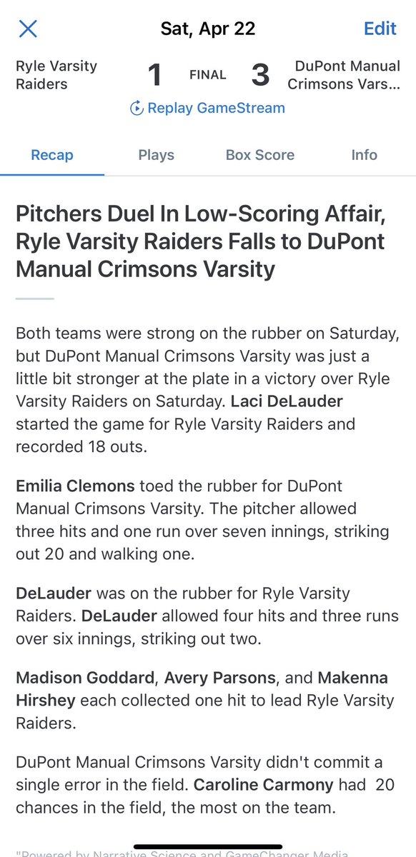 Ryle Lady Raiders went 1-1 on Saturday! Excellent defense 💪💪 <a href="/MadisonGoddard3/">Maddie G</a> &amp;  <a href="/DelauderLaci/">Laci Delauder 2025</a>  were in the circle <a href="/LaneySchuster/">Laney Schuster</a> <a href="/godfrey_payton/">payton.godfrey</a> <a href="/avery_parsons18/">Avery Parsons</a> <a href="/MadisonGoddard3/">Maddie G</a> <a href="/MakennaHirshey/">Makenna Hirshey</a> led at the plate. BIG Week ahead with 2 district games! <a href="/MikeWoolf35/">Mike Woolf</a>