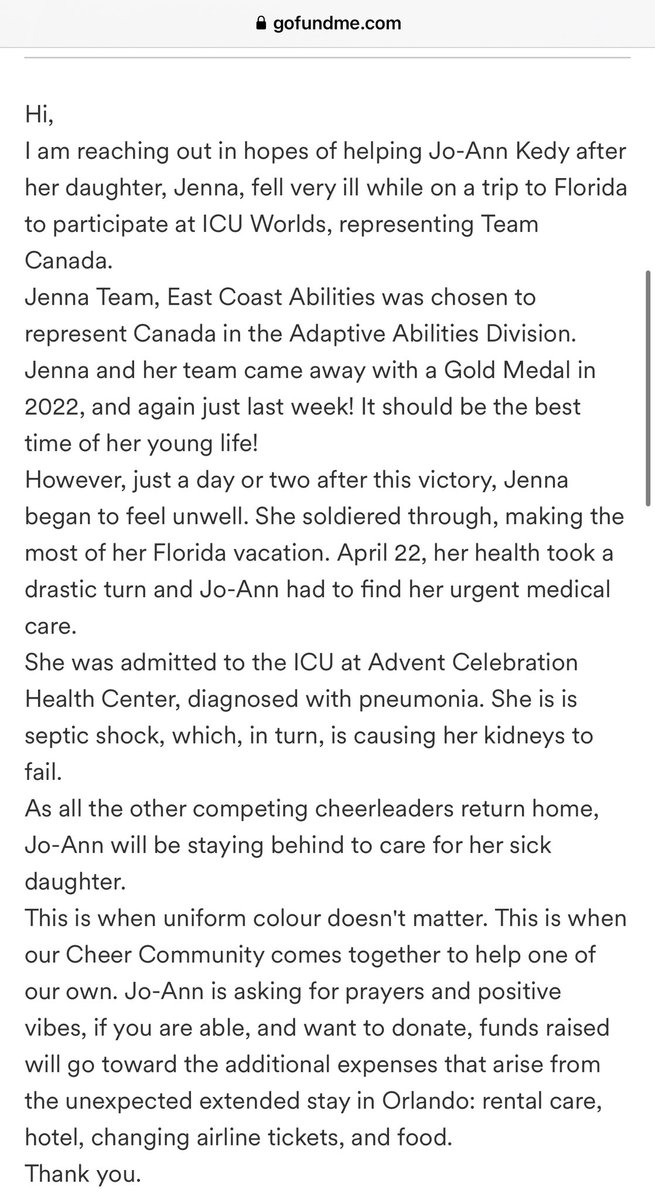 Team Canada Cheer Abilities athlete Jenna is currently in the ICU. Please find the link below to the gofundme. Anything you can to help would mean so much to the family ❤️🇨🇦

Praying for you Jenna, and sending love to friends and family!

gofundme.com/f/kz3dr-help-t…