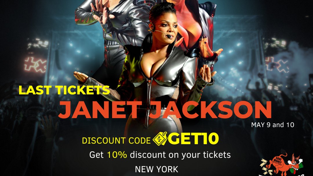 JackassTicket's tweet photo. 🎉 Do you want to witness pop royalty at its best? Get your Janet Jackson concert tickets and get ready for a show full of rhythm and soul! 🕺🎵

MAY 9 &amp;10
📍MetLife Stadium NEW JERSEY
Buy your tickets now and get 10%OFF!

PROMO CODE:  GET10
https://t.co/l8vIcKEapN

#JanetJackson https://t.co/11vphm7PK5