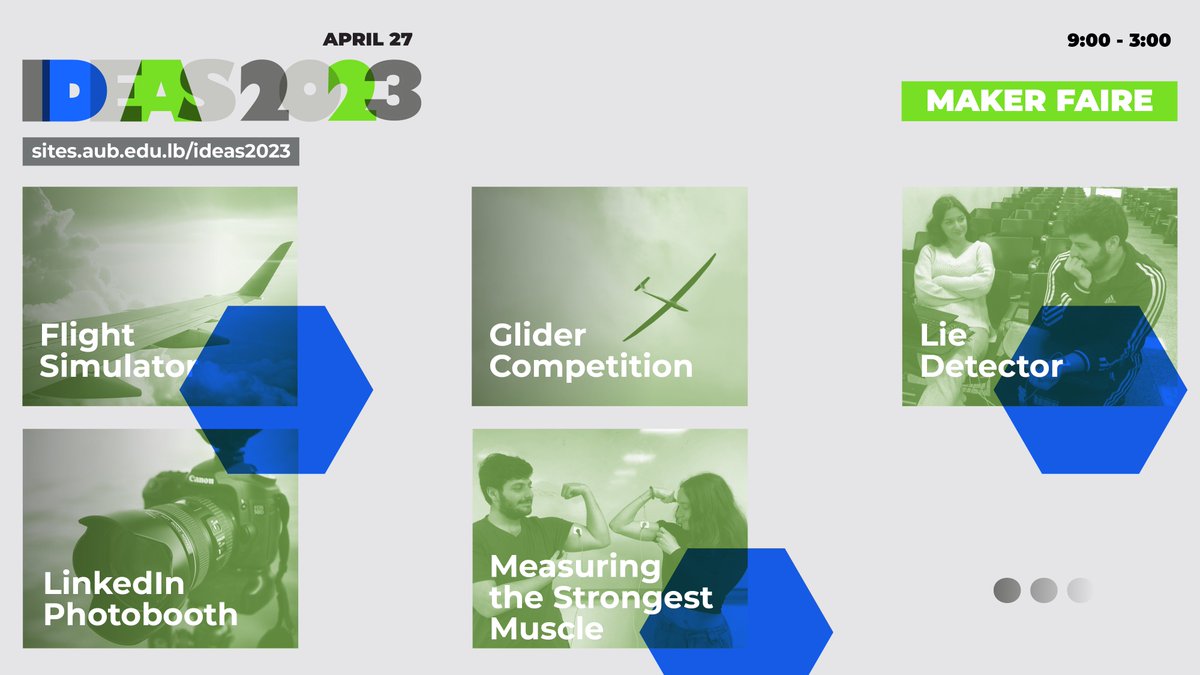 Don’t miss the makerfaire during IDEAS2023 – we’ll be outdoors! Here are some (of the many!) exciting activities that will be going on.

⌚️This Thursday, April 27

For more info and full program, visit: lnkd.in/exF-ipH5

<a href="/AUB_Lebanon/">American University of Beirut</a> #AUB