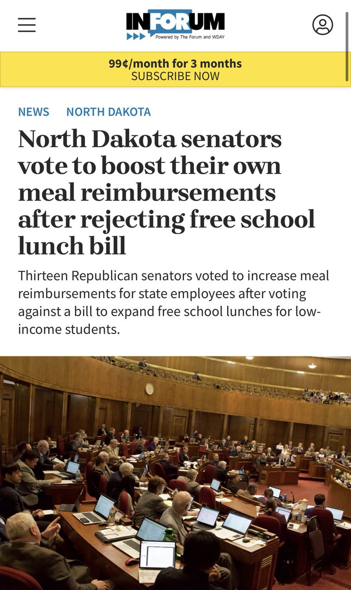These votes were 10 days apart.

North Dakota GOP (<a href="/NDHouseGOP/">ND House Republicans</a>)
•Voted NO on free school lunches for hungry kids😳
•Then Voted YES on free breakfast, lunch, &amp; dinner for themselves🤔

I’m beyond enraged at these cruel backward MAGA extremist politicians. A special place in hell