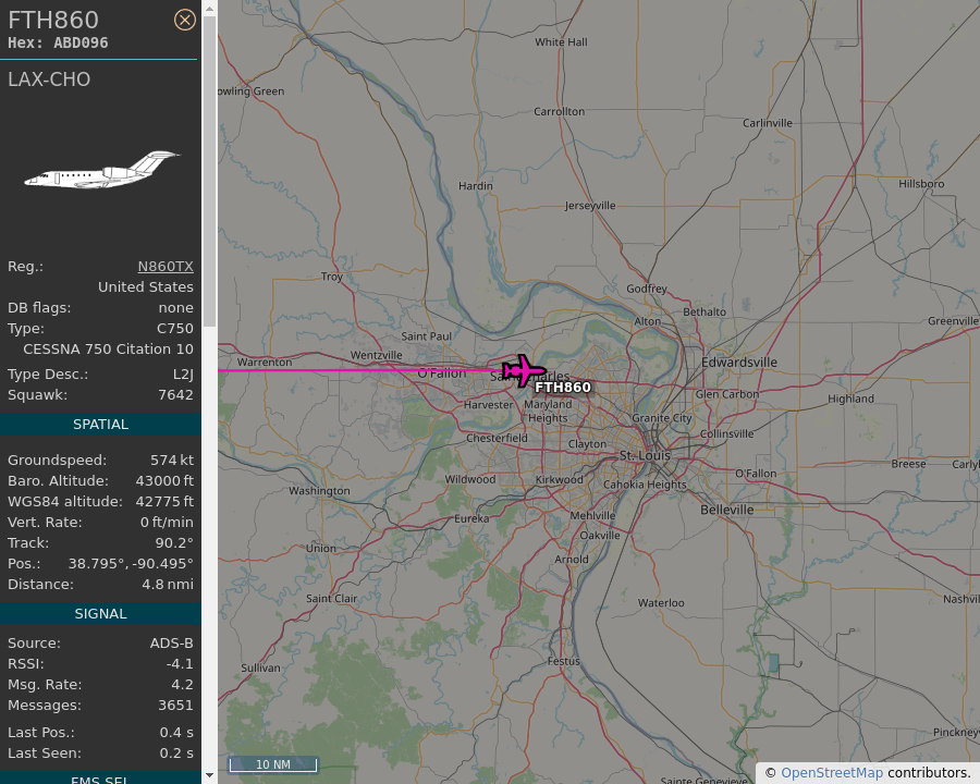 AboveStLouis's tweet image. 🇺🇸 N860TX - Cessna Citation X - Mountain Aviation FTH860 - 4.7 mi away @ 42775 ft, heading E at 661 mph. Spotted for first time! [02:26:36 PM CDT] #ABD096 #N860TX #C750 #FOOTHILLS #FTH860  #STL #ADSB