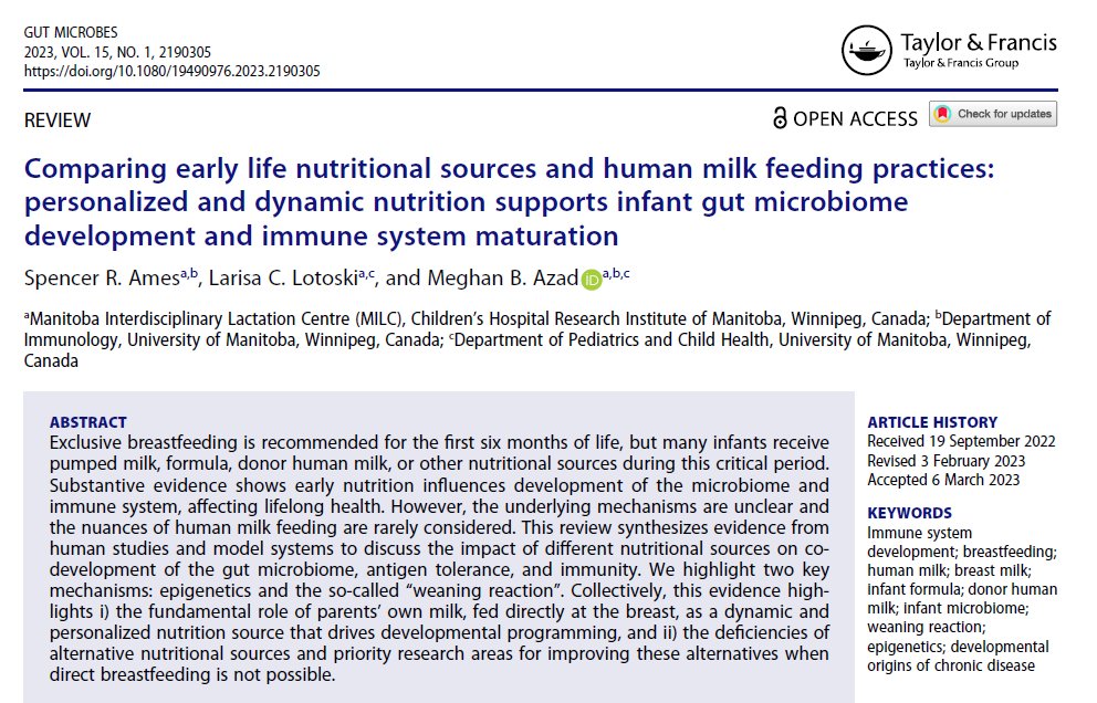 Prof. Meghan Azad, PhD (@meghanazad) on Twitter photo 🔉New Paper!
Excited to share my MSc student <a href="/Spencer_Ames1/">Spencer Ames</a>’s 1st publication with the #THRiVELab!
This review in Gut Microbes (<a href="/tandfbiosci/">T&F Bioscience</a>) explores how infant nutrition impacts gut #microbiome and immune system maturation...🧵
Full #OpenAccess paper: doi.org/10.1080/194909… 🔉New Paper!
Excited to share my MSc student <a href="/Spencer_Ames1/">Spencer Ames</a>’s 1st publication with the #THRiVELab!
This review in Gut Microbes (<a href="/tandfbiosci/">T&F Bioscience</a>) explores how infant nutrition impacts gut #microbiome and immune system maturation...🧵
Full #OpenAccess paper: doi.org/10.1080/194909…