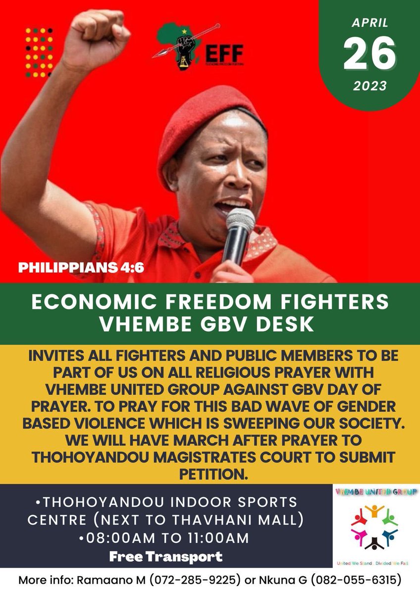 In short space of time we had so many GBV cases that we feel it need prayer. It’s not for EFF members only we are with other party n NGO that care to support GBV Victims. #StopGBV #Vhembe #SABCLIVHU #ThaboBester