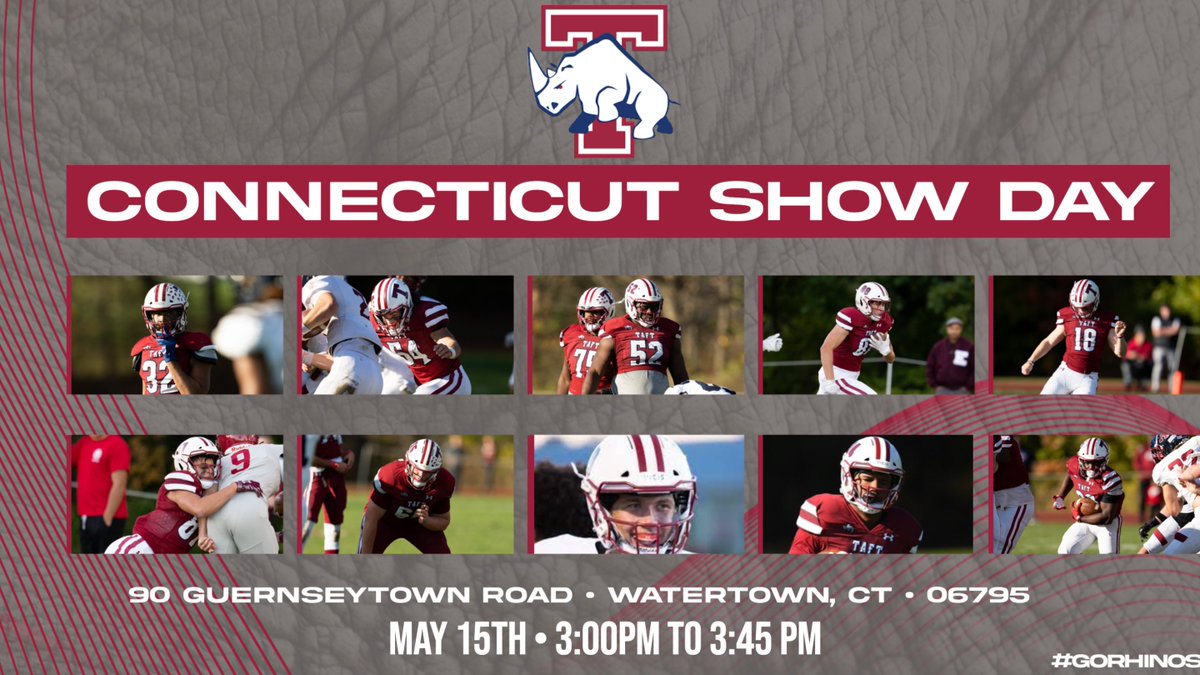 TaftFootballCT's tweet photo. 🚨COLLEGE COACHES🚨

We are excited to host you on the 15th! 🦏🆙
@CRHFootball 🐗
@CAcatsFB1794 🐈
@STMCT_Football 
@Wick_Football_ 🐻
@TaftFootballCT 🦏
@AOF_Football 🦫
@LoomisFootball 🪶
@SATigerFootball 🐅
@CentralFB413 🦅 https://t.co/eCBCwrlOAB