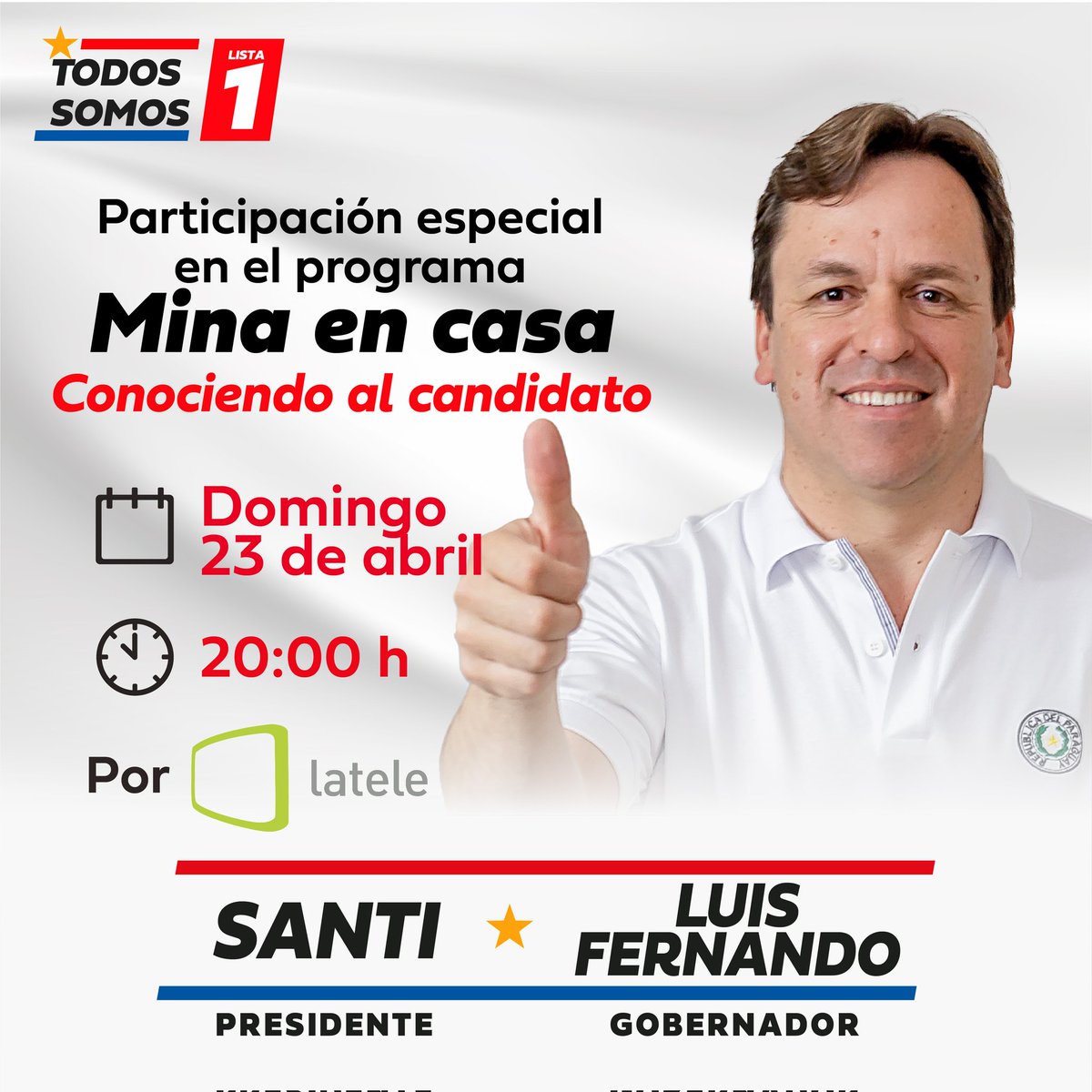 LuisFernan_py's tweet photo. Te invito a acompañarnos esta noche en el programa ‘’Mina en Casa’’ a partir las 20:00 h por latele. 📺

#LuisFernandoGobernador
#SantiPeñaPresidente
#Lista1 https://t.co/HasU2a6rat