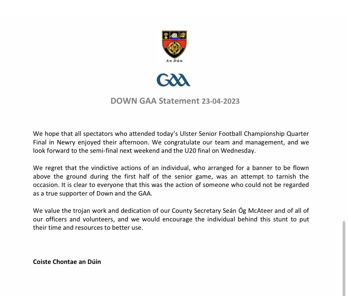 Down GAA Statement 23-04-2023