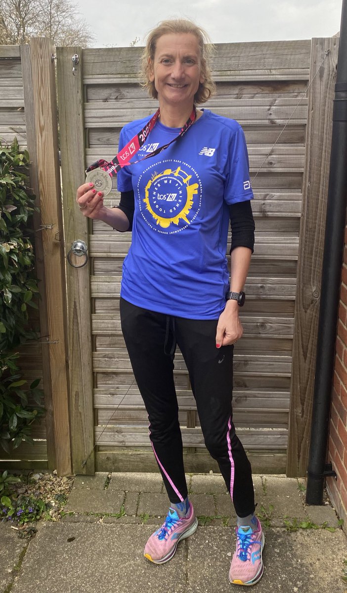 Clarehazell's tweet photo. It’s been a difficult training block since falling over the dog whilst running on the ridgeway in February.  With a terrific support team and amazing coach managed a PB @LondonMarathon today #WeRunTogether 3.17.25.  Next stop @ChiMarathon in October #teamworkmakesthedreamwork https://t.co/f85biiVD6U