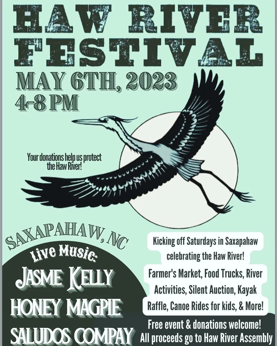 Join us for the Saturdays in <a href="/Saxapahaw/">Saxapahaw</a> kickoff event to benefit Haw River Assembly on May 6 starting at 4PM! Enjoy live music, farmers market, silent auction, kayak raffle, and more. Don't miss the river walk, monitoring, and puppet parade if the weather permits! FREE ADMISSION!