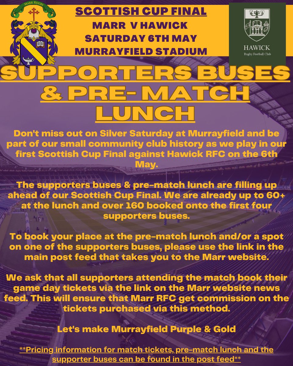 🟣 Supporters Buses &amp; Pre-Match Lunch 🟡

The Scottish Cup Final on the 6th May is fast approaching, so don’t miss your chance to be at Murrayfield on Silver Saturday! 

1/5