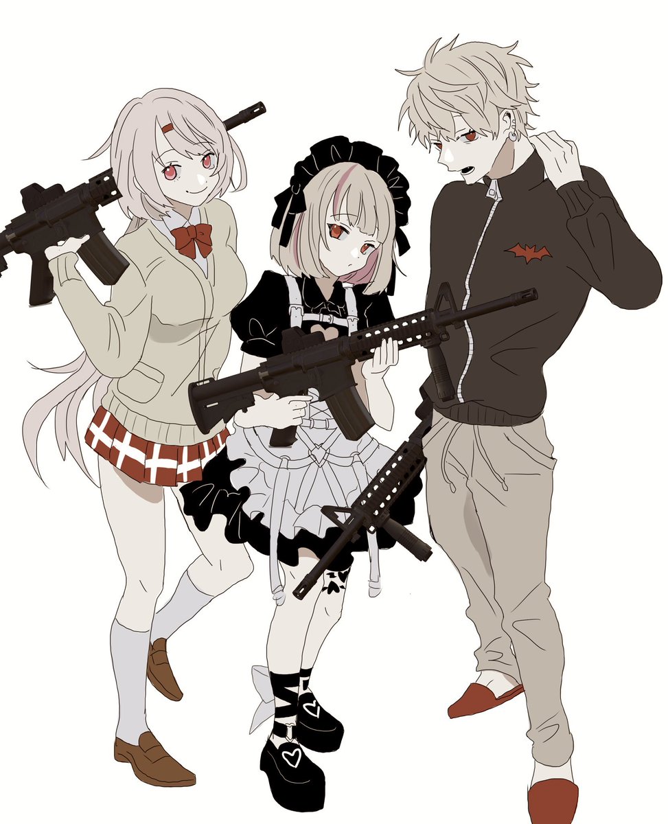 kuzuha (nijisanji) weapon gun multiple girls 2girls assault rifle jacket skirt  illustration images