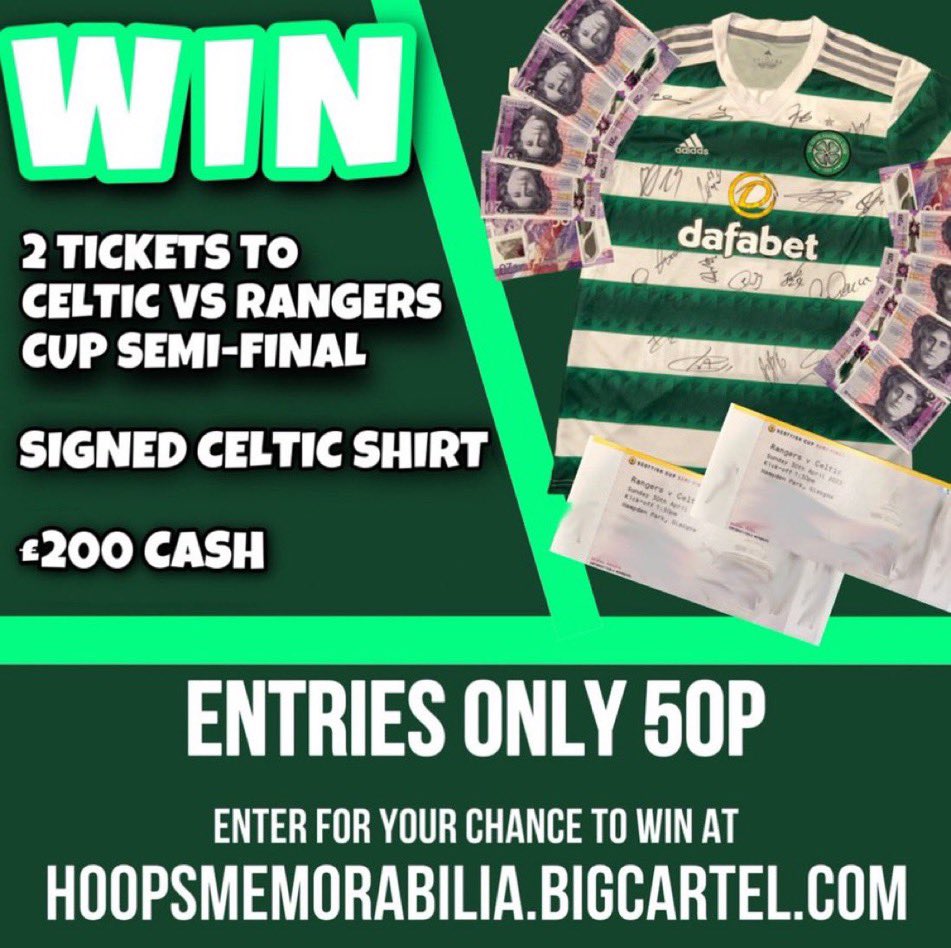 hoopsmemorabili's tweet photo. ☘️💚 WIN x2 TICKETS TO CELTIC VS RANGERS SEMI-FINAL, SIGNED SHIRT AND £200 CASH 💚☘️

only 400 tickets sold so far, purchase tickets below for only 50p via PayPal 👇🏼

https://t.co/CEbQhNnHmP

50% of profits to Celtic FC foundation and winner will be announced on 28th April 👆🏼 https://t.co/njjv76Nujm