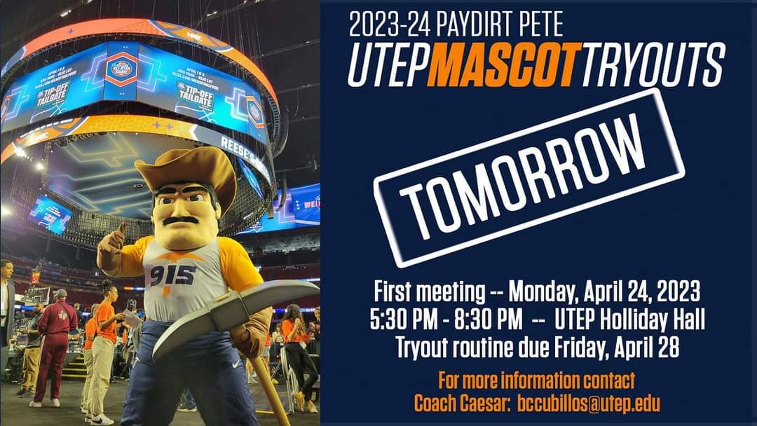 IceCubillos's tweet photo. We're recruiting mascots AND handlers for the upcoming 2023-24 season! First meeting tomorrow at UTEP Holliday Hall! Contact me today!

@UTEPCheer 
@UTEPSpiritCrew 
@UTEPDanceTeam 
@UTEPBands 
@UTEPAthletics 
@utep https://t.co/TxcthgYRS6